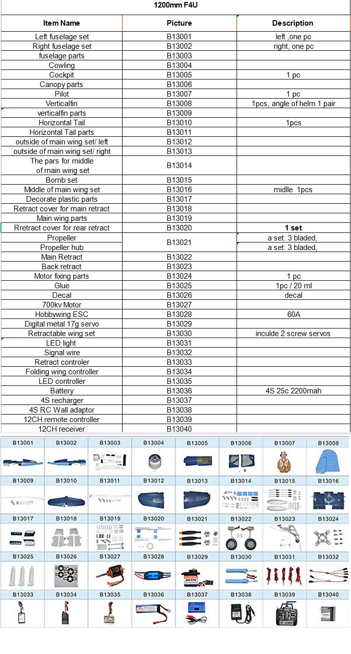 Lanxiang F4U Corsair 1200mm Kit RC Airplane Parts List